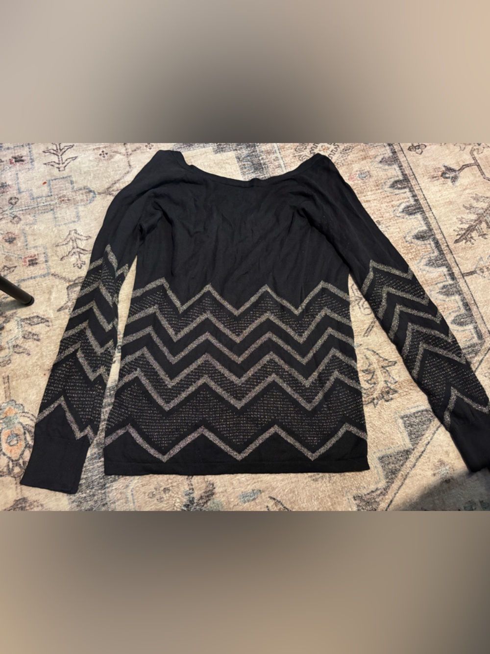 Women’s Black Sweater with Metallic Gold Chevron Pattern